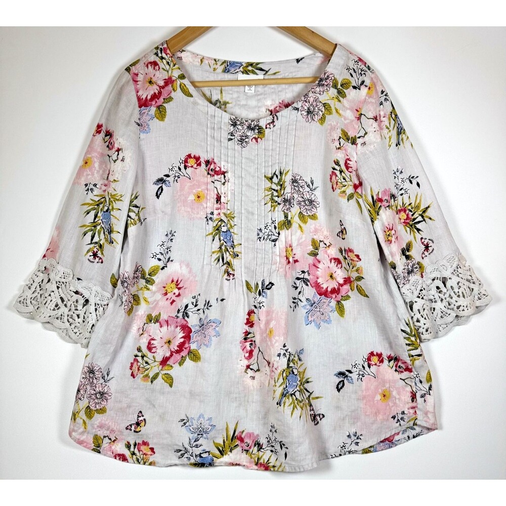 J Jill Love Linen Shirt Womens Medium Petite Floral Pink Gray Crochet Sleeve Top